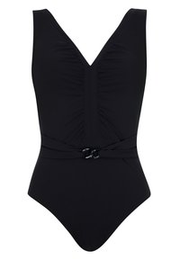 Maillot de bain une pièce noir avec un décolleté en V, tissu froncé à l'avant, larges bretelles et une taille ceinturée dotée d'un détail en accent circulaire.