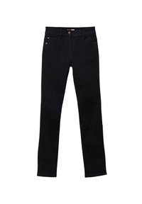 Pantalones de mezclilla negra con un corte ajustado, que cuentan con un diseño de cinco bolsillos, cierre delantero con botón y detalles de costura mínimos.