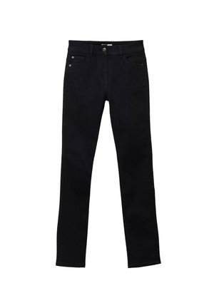 Sorte denimbukser med slim fit, der har et fem-lomme design, frontknaplukning og minimale sømdetaljer.