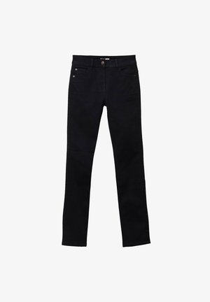Pantalons en denim noir avec une coupe slim, présentant un design à cinq poches, un bouton de fermeture à l'avant et des détails de couture minimalistes.