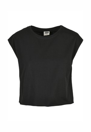 Must mustaga T-särk lühikeste, madalate varrukatega, ümmarguse kaelusega ja laia lõikega. Sile tekstuur ja lühike pikkus.