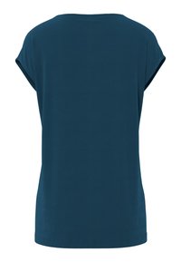 Blusa sencilla de manga corta en color verde azulado oscuro, con un ajuste relajado, escote redondeado y dobladillo simple, vista desde atrás.