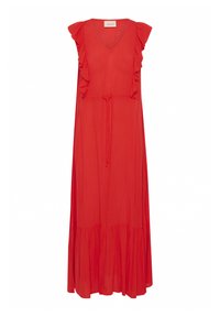 Red maxi dress with ruffled shoulder details, V-neckline, drawstring waist, and tiered hem. Made of lightweight fabric.