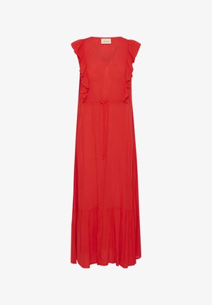 Rdeča maksi obleka z nabranimi detajli na ramenih, V-izrezom, pasom s vrvico in plastehnim robom. Narejena iz lahkotnega materiala.