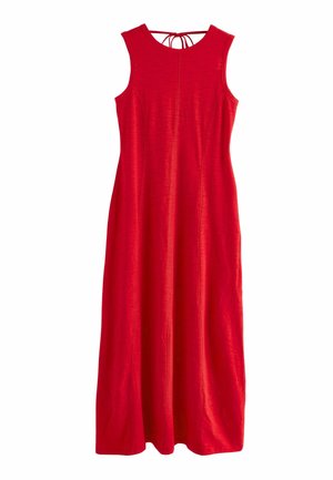 Vestido maxi sin mangas rojo en tejido suave, con un escote redondo y un detalle de lazo en la parte posterior, con un cuerpo ajustado y una falda fluida.