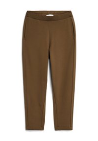 Brązowe spodnie sportowe z elastycznym pasem, dwiema bocznymi kieszeniami, zwężanymi nogawkami oraz gładką fakturą. Posiadają subtelne detale w postaci przeszyć.
