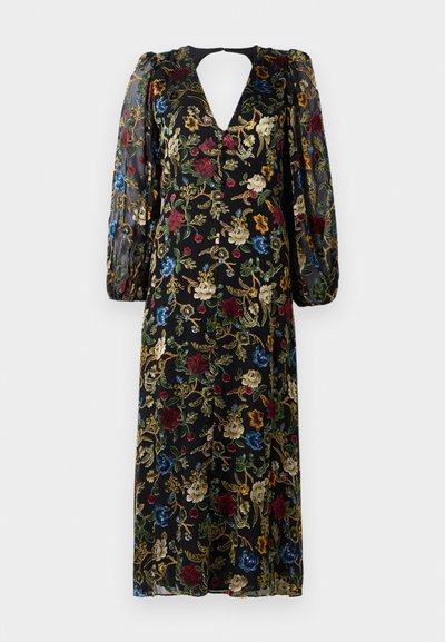 Robe florale noire avec un décolleté en V profond et des manches bouffantes transparentes. Brodée de fleurs multicolores et de motifs complexes.