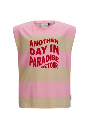 Mouwloze katoenen T-shirt met horizontale roze en beige strepen. Kenmerken grote rode tekst: "EEN ANDERE DAG IN HET PARADIJS RETOUR." Rechte zoom.