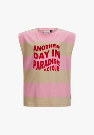 Ärmelloses Baumwoll-T-Shirt mit horizontalen pinken und beigen Streifen. Mit großem rotem Text: "ANOTHER DAY IN PARADISE RETOUR." Gerader Saum.