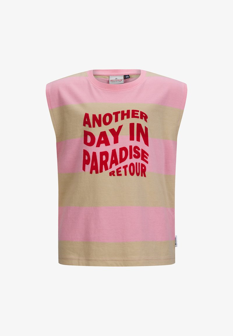 Sleeveless cotton t-shirt with horizontal pink and beige stripes. Features large red text: "ANOTHER DAY IN PARADISE RETOUR." Straight hem.