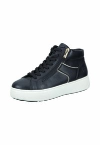 Baskets montantes bleu foncé en cuir texturé avec une semelle en caoutchouc blanc, dotées de lacets et d'une fermeture éclair sur le côté pour un détail supplémentaire.
