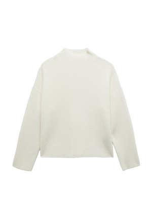 Pull en maille blanc à manches longues avec col montant et texture côtelée, présenté à plat sur un fond blanc.
