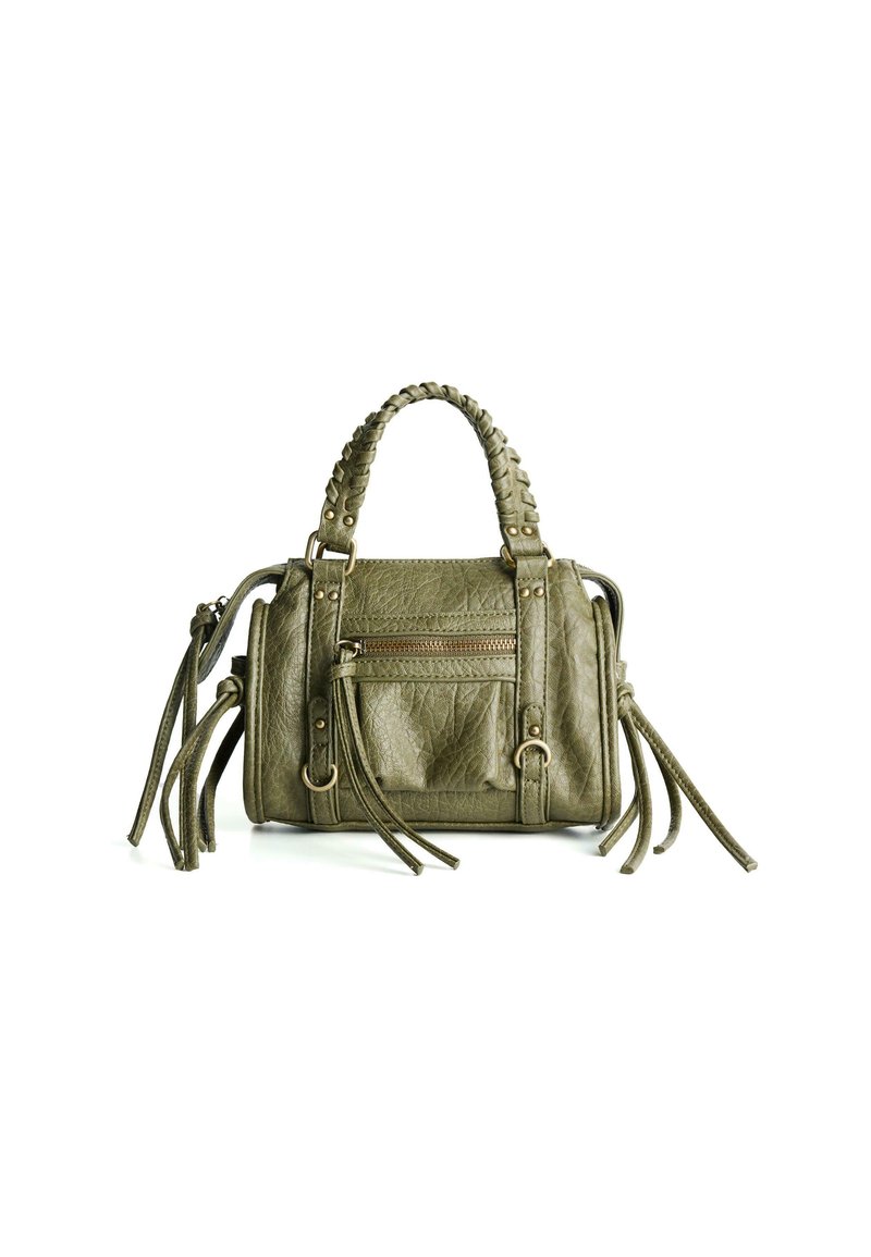 Olive green leather handbag with braided handles, zippered front pocket, and decorative fringes. Textured finish, compact rectangular shape.