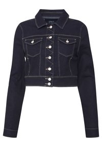 Veste en denim foncé courte avec manches longues, deux poches poitrine, fermeture à boutons et détails de couture contrastants.