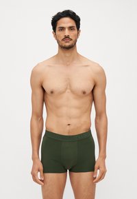 Boxers verdes feitos de tecido macio, com uma cintura elástica larga e o nome da marca gravado em letras escuras.