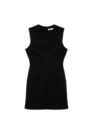 Ærmeløs sort minikjole med rund halsudskæring og tilpasset talje, vist mod en hvid baggrund.