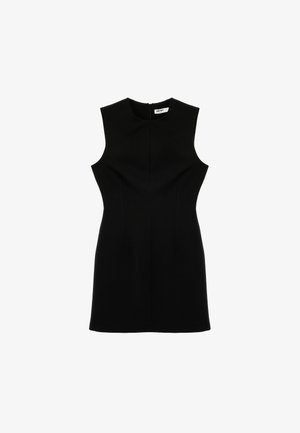 Sleeveless black mini dress with a round neckline and fitted waist, displayed against a white background.