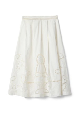 White midi skirt with pleats and floral cut-out embroidery detailing along the lower half.