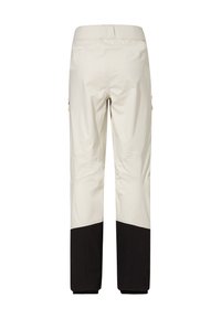 Helle beige wasserdichte Skihose mit schwarzem Unterteil, ausgestattet mit Seitentaschen und einer glatten Textur. Entwickelt für Outdoor-Aktivitäten.