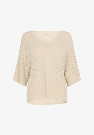 Beige gebreid top met V-hals, korte mouwen en een diagonaal strepenpatroon. Zachte textuur, relaxte pasvorm en een gebogen zoom aan de onderkant.