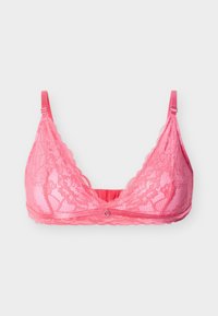 Ροζ δαντελένιο σουτιέν bralette με ρυθμιζόμενους ιμάντες και μικρό κρεμαστό διακοσμητικό σε σχήμα καρδιάς στο κέντρο μπροστά, απεικονισμένο σε λευκό φόντο.