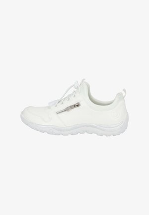 White athletic shoe with a smooth leather upper, textured accents, a side zipper, and a lightweight, flexible sole.