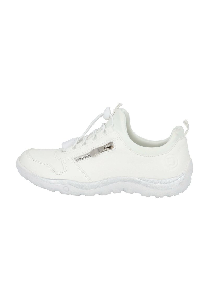 Zapatilla deportiva blanca con un upper de cuero liso, detalles texturizados, un zipper lateral y una suela ligera y flexible.