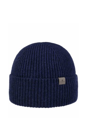 Dunkelblauer, gerippter Strickmütze mit umgeschlagenem Bündchen und kleinem rechteckigem Stoff-Logoschild an der Seite.