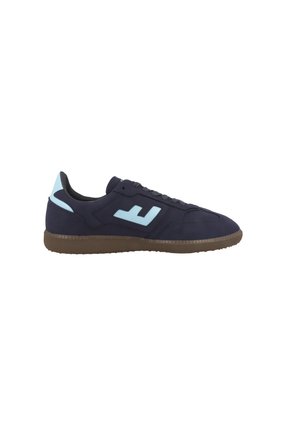 Navy blue athletic shoe with a textured upper and light blue logo. Features a rubber sole with a brown hue and classic lace-up design.