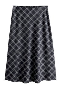 Jupe noire avec un motif à carreaux gris diagonal. Fabriquée dans un tissu doux avec une silhouette évasée et une ceinture lisse.