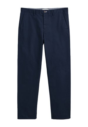 Marineblaues Hosen mit geradem Schnitt, ausgestattet mit Fronttaschen und einem Knopfverschluss. Hergestellt aus einem glatten, strapazierfähigen Stoff.