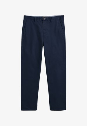 Pantaloni blu navy con taglio dritto, dotati di tasche anteriori e chiusura con bottone. Realizzati in un tessuto liscio e durevole.