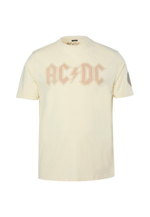 Kurz geschnittenes, cremefarbenes T-Shirt mit AC/DC-Logo in verblasstem Orange auf der Brust und Rundhalsausschnitt.