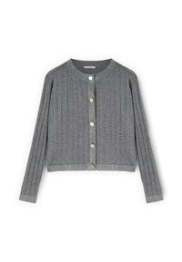 Szary prążkowany kardigan z okrągłym dekoltem, ozdobiony dekoracyjnymi kryształkami wzdłuż przodu i dołu, zapinany na guziki.