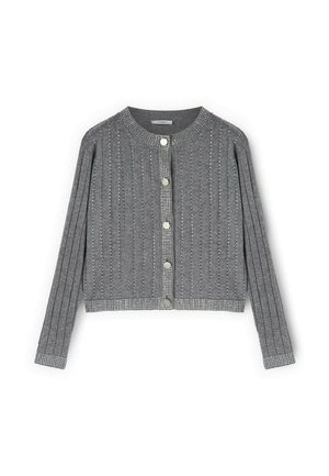 Graue, gerippte Strickjacke mit rundem Ausschnitt, verziert mit dekorativen Strasssteinen entlang der Vorderseite und am Saum, sowie Knopfverschlüssen.