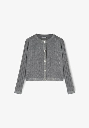 Graue, gerippte Strickjacke mit rundem Ausschnitt, verziert mit dekorativen Strasssteinen entlang der Vorderseite und am Saum, sowie Knopfverschlüssen.