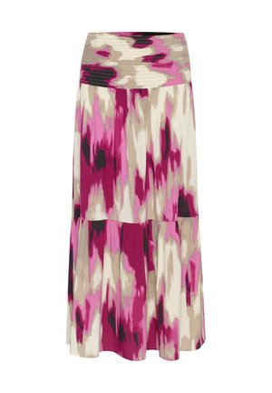 Una falda de capas con un vibrante patrón abstracto en rosa, beige y negro, con una cintura fruncida y una textura de tela suave.