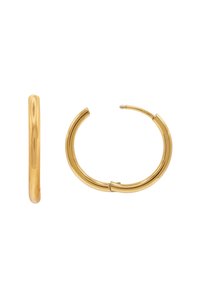 Boucles d'oreilles créoles dorées avec un design lisse et arrondi. Dotées d'une fermeture sécurisée et d'une finition polie. Le diamètre est modéré, offrant un look classique.