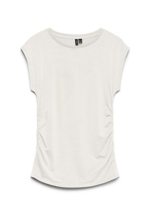 Blusa bianca da donna a maniche corte con scollo rotondo e lati raccolti, mostrata distesa su sfondo bianco.