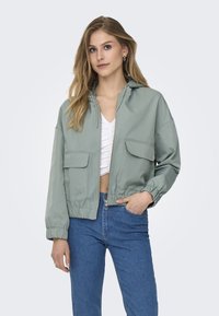 Lys grøn cropped jakke med hætte, front lynlås og to frontlomme med klap. Har elastiske manchetter og nederkant. Tekstureret, afslappet design.