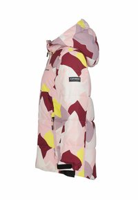 Lyserød, maroon, gul og lavendel abstrakt mønstret puffjakke med hætte, sidelomme med lynlås og brandlogo på ærmet.