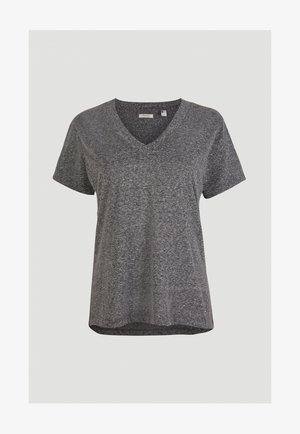 Grijs T-shirt met korte mouwen en een V-hals, gemaakt van zachte, gestructureerde stof. Heeft een losse pasvorm en een licht gebogen zoom.