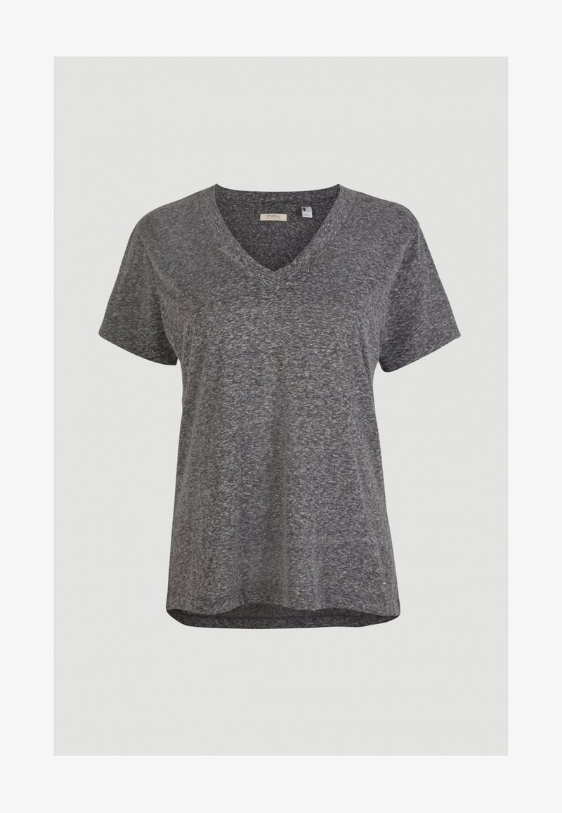 T-shirt gris à manches courtes avec un col en V, fabriqué en tissu doux et texturé. Présente une coupe ample et un ourlet légèrement arrondi.