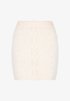 Lyhyt hame, jossa on neulottu kabelikuvio off-white-värissä, ribattu vyötärö ja pieniä helmiakselointia koko designissa.