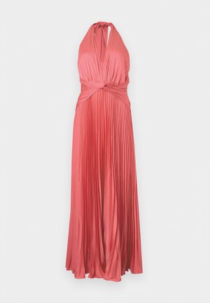 Korallrózsaszín ujjatlan maxiruha, masnis nyakkal, pliszírozott szoknyával és csavart derékpánt részlettel.