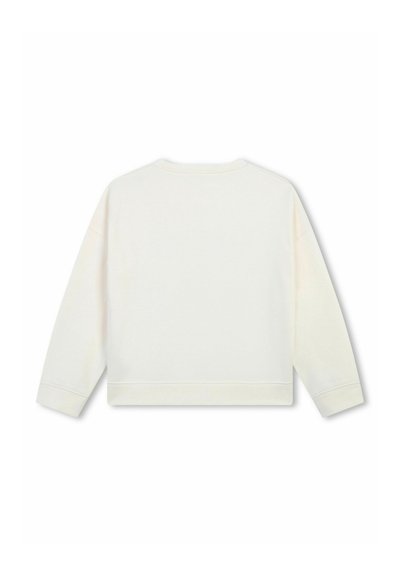 Sweat-shirt blanc à col rond avec des manches longues, poignets et ourlet côtelés, fabriqué à partir d'un tissu doux à la texture lisse, sans motifs ni graphiques.