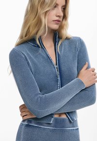 Blauw gestreepte ritstrui met een kraag, een geribbelde textuur en een aangesloten ontwerp. Het materiaal heeft verticale lijnen en een lichte glans.