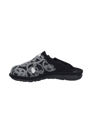 Black felt slipper featuring an embroidered gray floral pattern, molded rubber sole, and open back design for easy slip-on access.