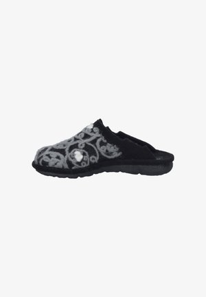 Black felt slipper featuring an embroidered gray floral pattern, molded rubber sole, and open back design for easy slip-on access.