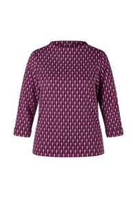 Langärmliges Oberteil mit geometrischem Muster aus rosa und grauen Dreiecken. Leicht strukturiertes Gewebe, runder Ausschnitt und umgeschlagene Bündchen.